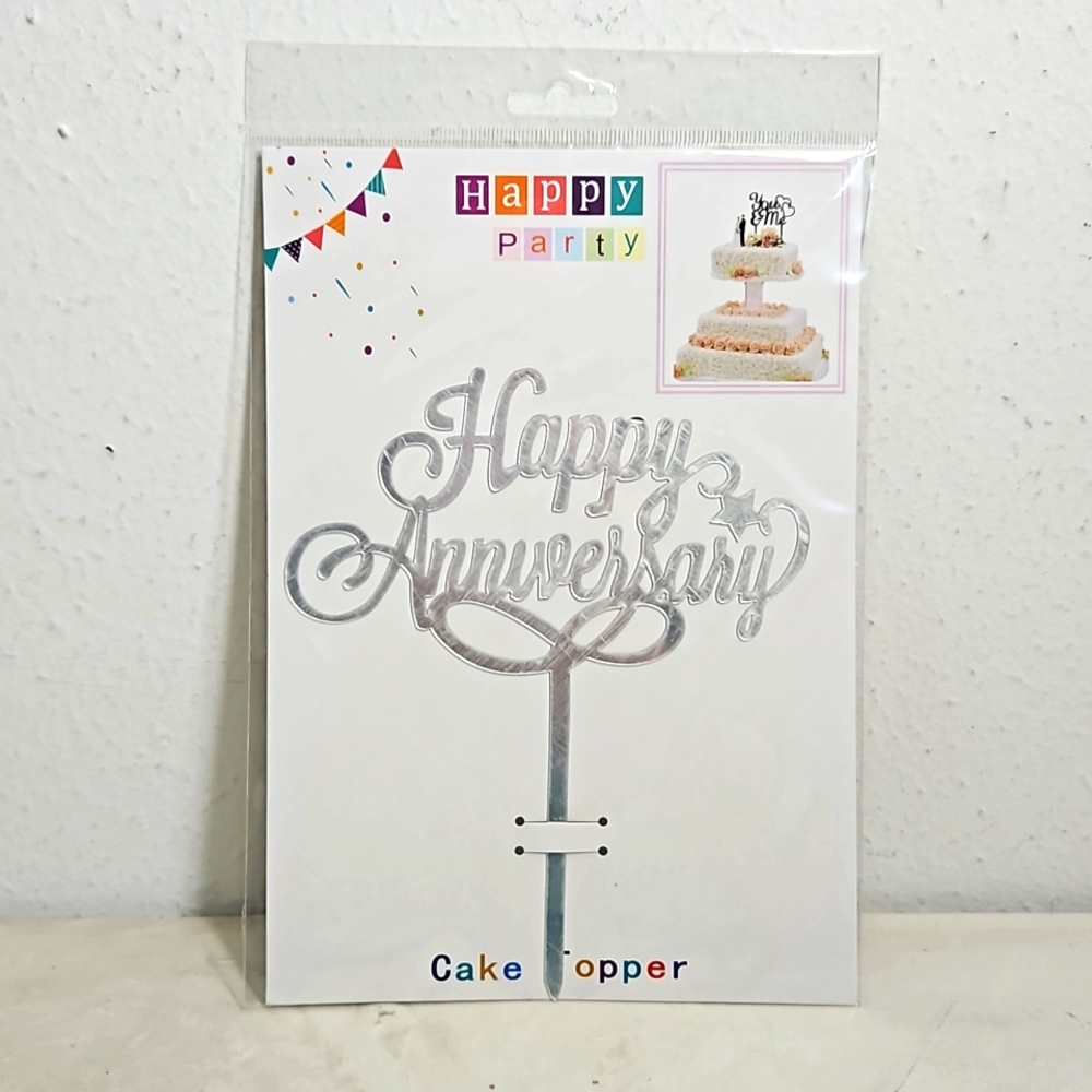 NIP Happy party happy anniversary acrylic silver cake topper